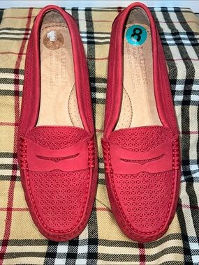 Lauren Ralph Lauren Red Perforated Leather Penny Loafers, size 8